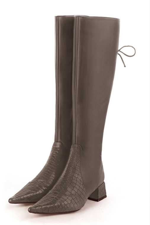 French elegance and refinement for these taupe brown knee-high boots, with laces at the back, 
                available in many subtle leather and colour combinations. Pretty boot adjustable to your measurements in height and width
Customizable or not, in your materials and colors.
Its half side zip and rear opening will leave you very comfortable.
For pointed toe fans. 
                Made to measure. Especially suited to thin or thick calves.
                Matching clutches for parties, ceremonies and weddings.   
                You can customize these knee-high boots to perfectly match your tastes or needs, and have a unique model.  
                Choice of leathers, colours, knots and heels. 
                Wide range of materials and shades carefully chosen.  
                Rich collection of flat, low, mid and high heels.  
                Small and large shoe sizes - Florence KOOIJMAN